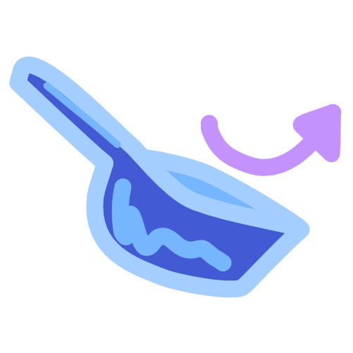 An image with light line art shows an empty blue scoop with a curved purple arrow above it.